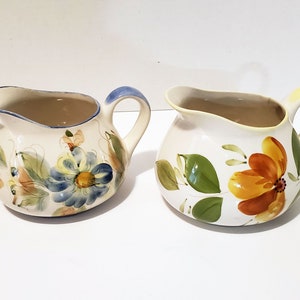 Floral Ceramic Pitcher Hand Painted in Portugal Flowers Green Leaves Set of 2