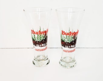 2 Vintage Budweiser Clydesdale rock drink glass Holiday Winter Collectible 1989