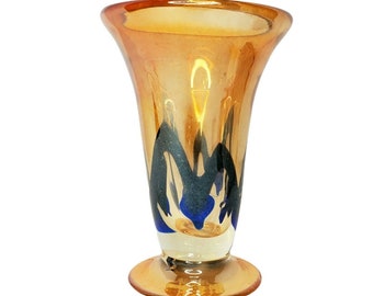 Handblown Studio Art Glass Vase Iridescent Amber Blue Swirled 6.5" Vase