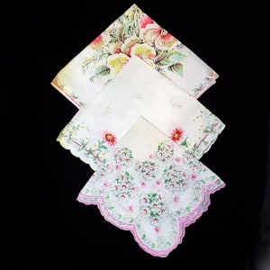 Vintage Set Of 3 Ladies Floral Handkerchiefs Hankie Hanky Pocket Squares image 1