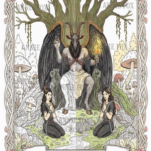 May include: A tarot card illustration featuring a horned figure with wings, holding a torch, seated on a throne beneath a tree. Two figures kneel in prayer. The card is framed with floral and vine details, with the text "THE DEVIL" at the bottom.
