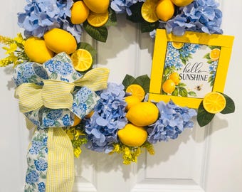 Hola Sol Corona de Hortensias Limón / Decoración Floral Azul para Puertas de Verano