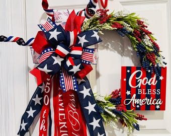 God Bless America Patriotic Wreath | Red White Blue Floral Grapevine Decor