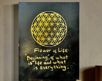 Blume des Lebens Wandbild – Goldene Heilige Geometrie Leinwand – Handgemaltes spirituelles Symbol 14x11