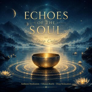 May include: A digital artwork depicting a Tibetan singing bowl in a calm lake, with the text "Echoes of the Soul" and "Deep Calm". The background features mountains, a starry sky, and lotus flowers, creating a peaceful atmosphere.