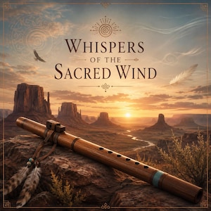 Puede incluir: Una flauta de madera con orificios, una envoltura de cuero y dos plumas colgantes con cuentas. El texto "WHISPERS OF THE SACRED WIND" está centrado sobre la flauta frente a un paisaje desértico con mesetas y un cielo al atardecer.