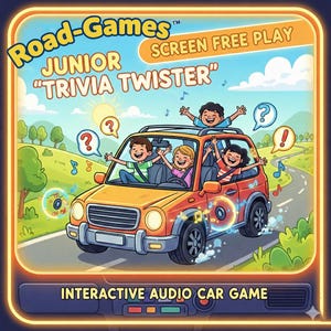 Puede incluir: Ilustración de un coche amarillo con cinco niños dentro, conduciendo por una carretera. El texto "Road-Games Junior Trivia Twister" y "Screen Free Play" están en la parte superior. La parte inferior dice "Interactive Audio Car Game". También hay signos de interrogación y notas musicales.