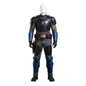 May include: A full-body costume featuring a black and blue armored vest, gray pants, and blue arm and leg guards. The costume includes a brown belt with a gold buckle, a holster, and black gloves. The mannequin is standing against a white background.