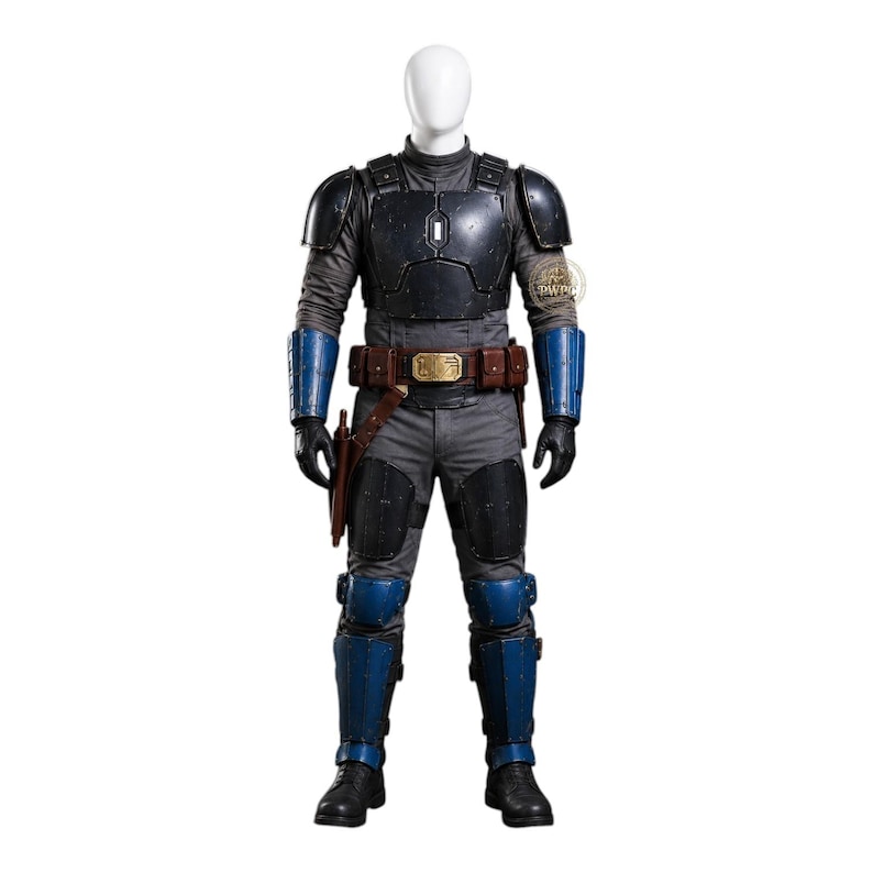 May include: A full-body costume featuring a black and blue armored vest, gray pants, and blue arm and leg guards. The costume includes a brown belt with a gold buckle, a holster, and black gloves. The mannequin is standing against a white background.
