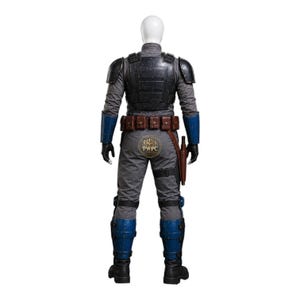 May include: A gray and blue costume with black armor plating on the shoulders and chest. The costume includes a brown belt with pouches, blue arm and leg accents, and a holster. The back of the costume has a circular emblem with the letters "PWPC".