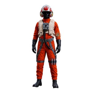 May include: A full-body shot of a Star Wars X-wing pilot costume. The orange jumpsuit has a cream-colored vest, black gloves, and boots. The helmet is white with red accents and a Rebel Alliance symbol.