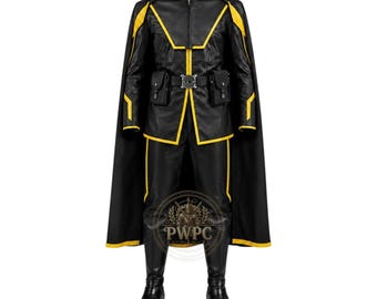 May include: A black jacket and trousers set with yellow trim, featuring a long cape, a belt with two attached pouches, and black boots. The jacket has a high collar and a front zipper closure. A circular logo with the text PWPC is visible.