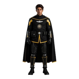 Op de afbeelding: Een zwart en goud kostuum met een zwarte cape. Het kostuum heeft een schedel embleem en de letters "PWPC" op de borst. De outfit bevat een riem met een schedel gesp en zwarte laarzen.