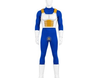 May include: A blue full-body jumpsuit featuring a white and gold chest armor piece, white gloves, and white boots with gold toes. The costume includes a high collar and a circular logo on the center of the torso, displayed on a white mannequin.