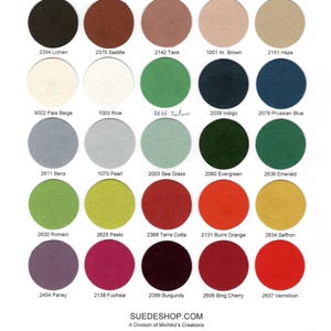 May include: A color chart featuring 25 circular swatches of Sensuede fabric in various shades. Colors range from neutral beige and brown to vibrant greens, reds, and purples. The text "SENSUEDE" and "SUEDESHOP.COM" are displayed.