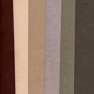 May include: A collection of six rectangular sheets of material arranged side by side in a vertical orientation. The colors displayed from left to right are deep burgundy, light cream, tan, muted lavender, olive green, and dark charcoal gray.