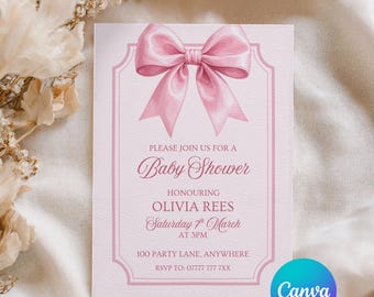 Pink Bow Baby Shower Invitation, Coquette Baby Shower Invite, Baby Girl Shower Template