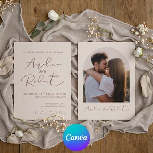May include: A wedding invitation set featuring a beige card with text and a photo card with an arched image of a couple. The text reads: You are invited to the wedding of Amelia and Robert, Saturday 11th March 2028, 2 o'clock in the afternoon.