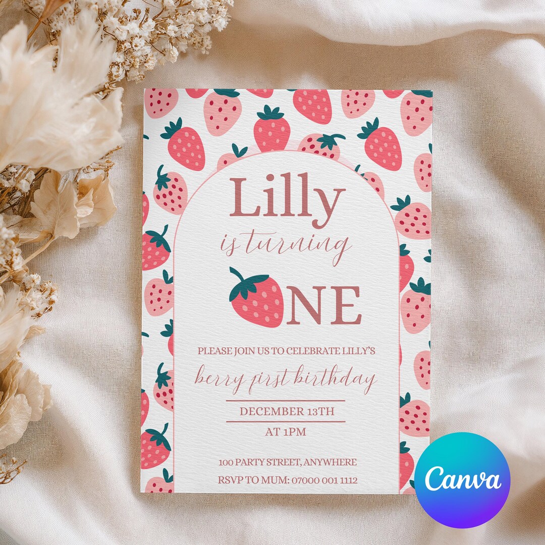 Strawberry First Birthday Invitation Template, Editable Pink Berry 1st ...