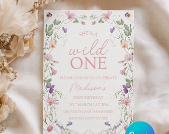 Invitación de primer cumpleaños "Wild One", invitación de primer cumpleaños "Wildflower", plantilla editable de Canva PPWO01