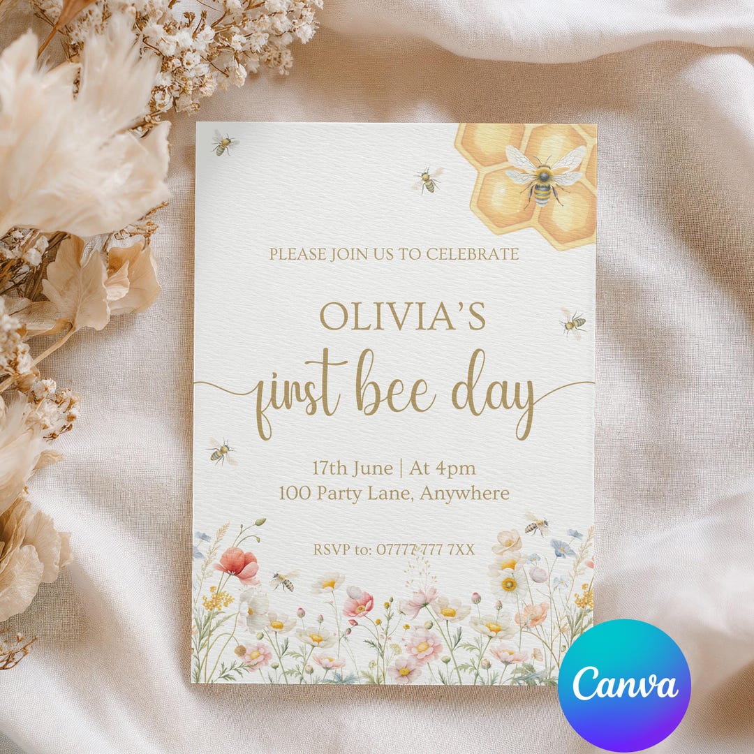 First Bee Day 1st Birthday Invitation Template, Editable Floral Bee ...