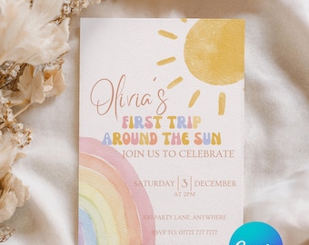 Sunshine First Birthday Invitation | First Trip Around The Sun Party | Editable Canva Template (Digital Download)