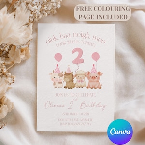 Farm 2nd Birthday Invitation Girl, Pink Barnyard Animal Party Invite, Editable Canva Template PPGF01