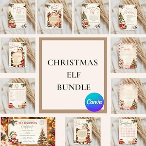 Peut inclure: Un ensemble de cartes de Noël sur le thème des lutins comprenant des certificats d'adoption, des règles, des calendriers de compte à rebours et des lettres au Père Noël, ornés d'illustrations festives de lutins, de sapins et de cadeaux.