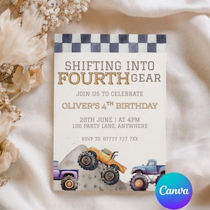 May include: A birthday invitation with the text "Shifting into Fourth Gear" and "Oliver's 4th Birthday." The design features watercolor illustrations of monster trucks on a dirt mound, with a checkered flag pattern at the top.