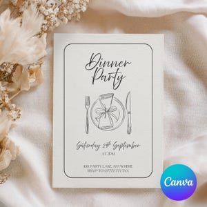 Può includere: Un biglietto d'invito rettangolare bianco per una cena con un disegno a linee nere di un piatto, una forchetta, un coltello e un tovagliolo. Il testo recita Dinner Party, Saturday 29th September at 7PM, 100 Party Lane Anywhere, RSVP 07777 777 XXX.