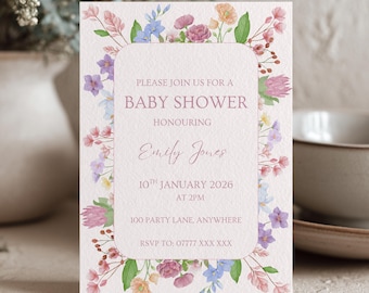 Invito per baby shower a tema fiori selvatici, invito floreale viola e rosa, modello Canva modificabile