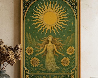 Arte de parede com carta de tarô The Sun – Estampa vintage de girassol Boho | Download digital de pôster espiritual místico