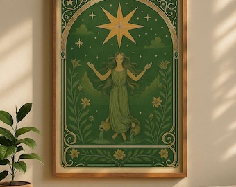 May include: Framed art print with a green and gold illustration of a woman with outstretched arms, a large star, and floral elements. The artwork has a vintage aesthetic, with a wooden frame and a green background.