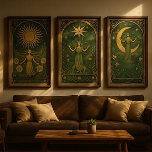 May include: Three framed art prints depicting celestial figures with sun, star, and moon motifs. The artwork features a green and gold color scheme, with figures in flowing gowns. The prints are displayed above a brown sofa.