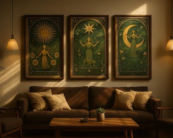 Zestaw grafik ściennych Boho Tarot – wydruki ze słońcem, księżycem i gwiazdami | Mistyczny plakat duchowy do pobrania w wersji cyfrowej