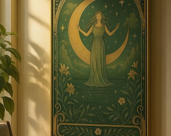Impresión vintage de la carta del Tarot de la Luna: Arte mural bohemio celestial (descarga digital)