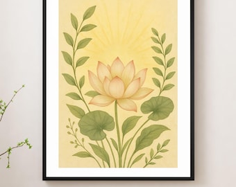 May include: A framed art print featuring a lotus flower with soft pink petals and green leaves. The artwork has a yellow background with sun rays emanating from behind the flower. Green foliage frames the central image.