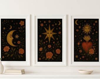 Mystic Sun Moon Star Art Prints | Celestial Boho Decor (Set of 3) (Digital Download)