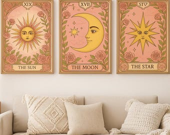 Zestaw wydruków Tarota Słońce Księżyc Gwiazda: Mystic Celestial Art (pobranie cyfrowe)