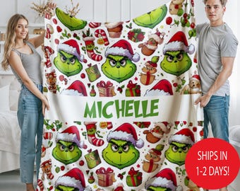 Custom Grinch Blanket With Name, Funny Christmas Movie, Personalized Cartoon For Boy and Girl, Green Tree Inflated, Throw Xmas