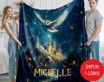 Personalized Wizard Blanket with Name, Custom Christmas Gift, Magic School Throw, Starry Night, Fan, Fantasy