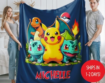 Personalized Pokemon Blanket With Name, Custom Pokemon Baby, Kids Birthday Gift Throw, Colorful Cartoon Bedding Decor, Cozy Soft Anime