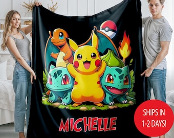 Anime Pokemon Blanket With Name, Custom Pokemon Baby, Kids Birthday Gift Throw, Colorful Cartoon Bedding Decor, Cozy Soft Anime