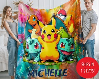 Personalized Pokemon Blanket With Name, Custom Pokemon Baby, Kids Birthday Gift Throw, Colorful Cartoon Bedding Decor, Cozy Soft Anime