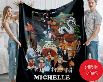 Custom Anime Blanket Witn Name, Ultimate Studio Ghibli Manga Throw, Baby Shower Gifts for Boy-Girl Colorful Cartoon Bedding Decor Cozy Soft