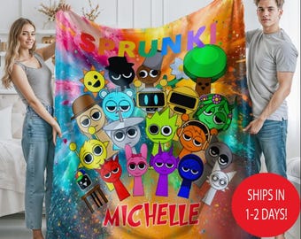 Custom Sprunki Blanket, Personalized Funny Blanket Kids Throw Gifts for Boyfriend Girlfriend Colorful Cartoon Bedding Decor, Cozy Soft Anime