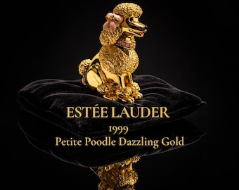 Lyxig Estée Lauder 1999 Petite Poodle Dazzling Gold TOM Solid Parfym Kompakt, Vintage Samlarprydnadsask, Guldfärgad Pudelfigur Gåva