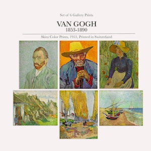 Puede incluir: Conjunto de seis impresiones de galería con la obra de Van Gogh, 1853-1890. Las impresiones, Skira Color Prints de 1953, incluyen retratos y paisajes. Las impresiones se muestran sobre un fondo color crema.