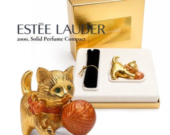 Estée Lauder Pleasures Delightful Kitten Solid Perfume Compact 2000 | Gold-Tone | Green Crystal Eyes | Original Box & Pouch | Collectible