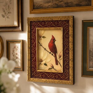 Vintage-Galeriewandbild, kleines Kunstwerk – fertig zum Aufhängen, burgunderroter Goldfiligranrahmen, Giclée-Druck „Nordkardinal“, 4x6 Bild 12